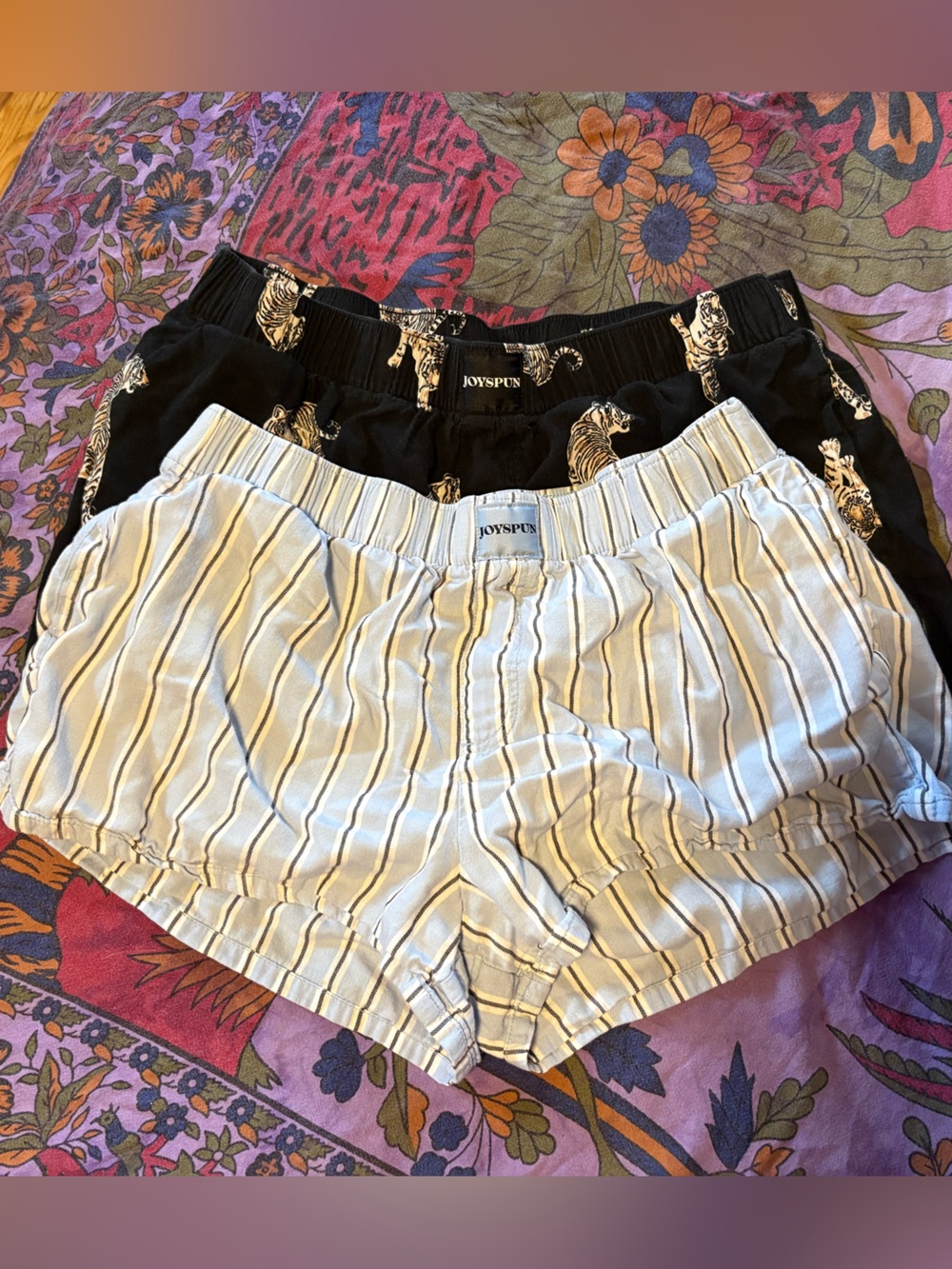 Joyspun Women's Two-Pack Cotton Lounge Shorts — Cream Stripe & Black Tiger